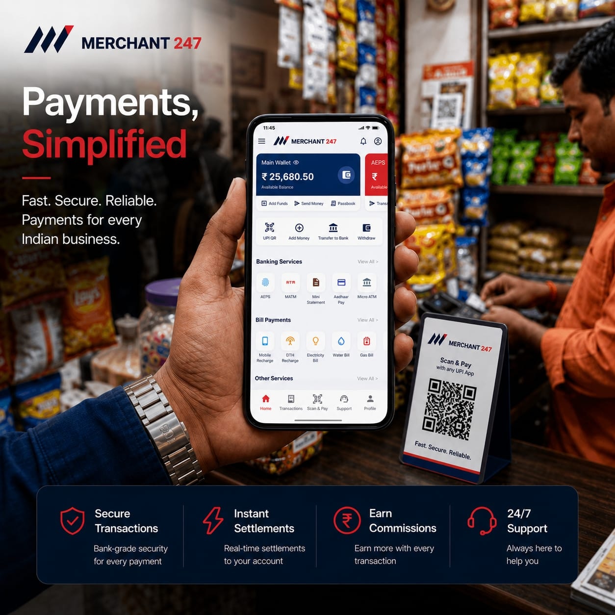 A retailer accepting a UPI payment through Merchant247's platform